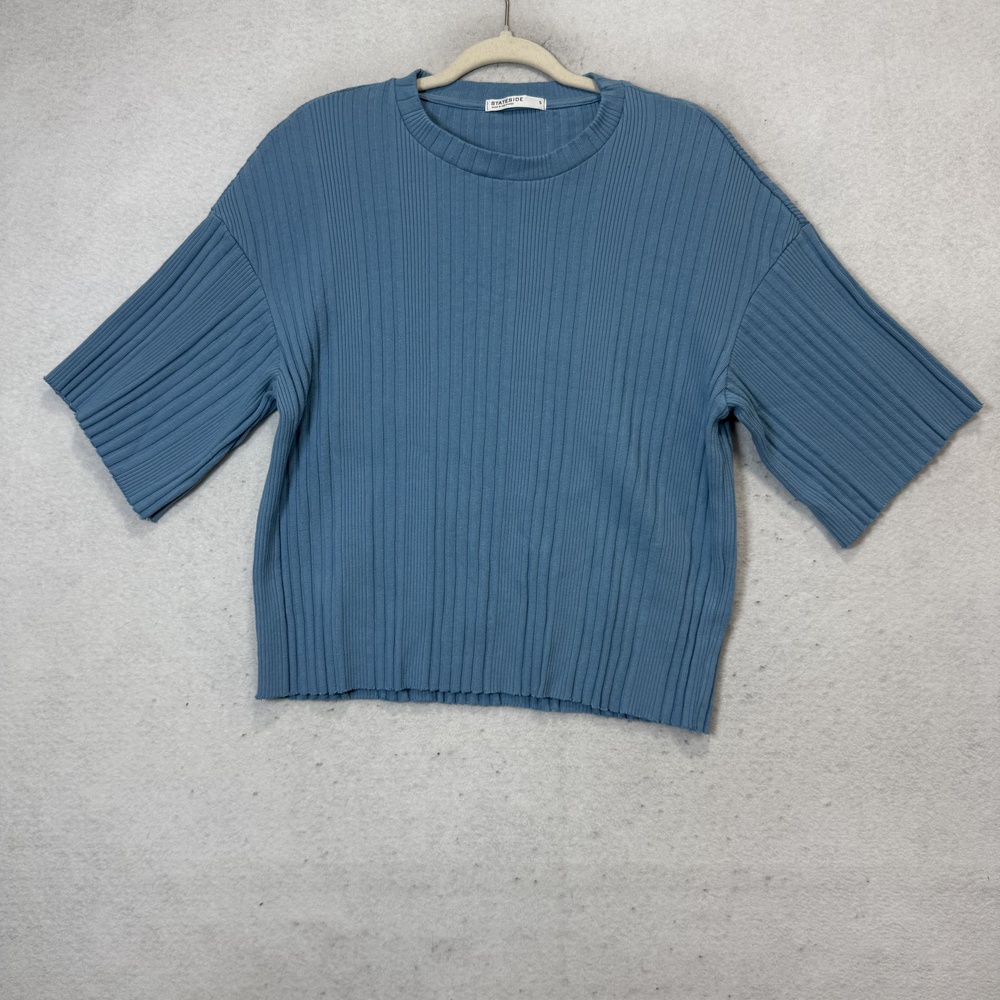 Stateside T-Shirt Womens Small Blue Organic Cotton Ribbed Crew Neck Knit Top